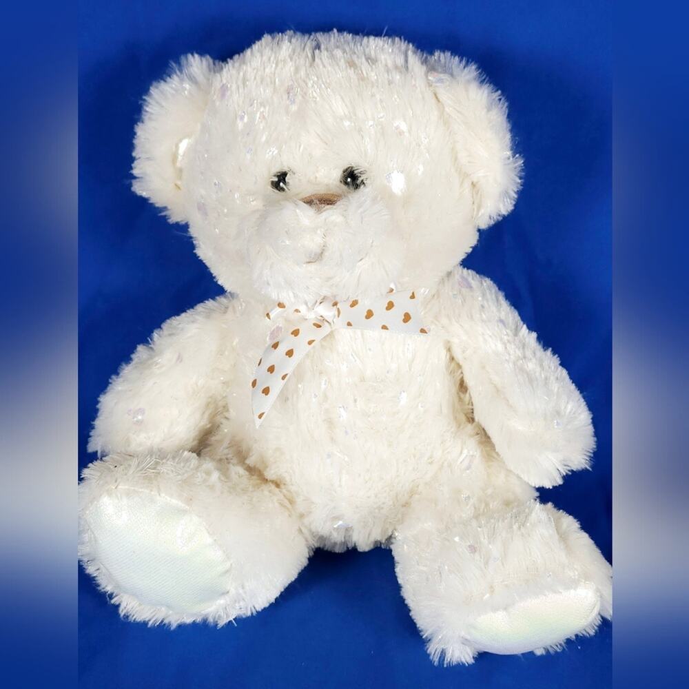 1 (One) Plush Teddy Bear; White Bear, Brown Heart Ribbon, Like New Condition